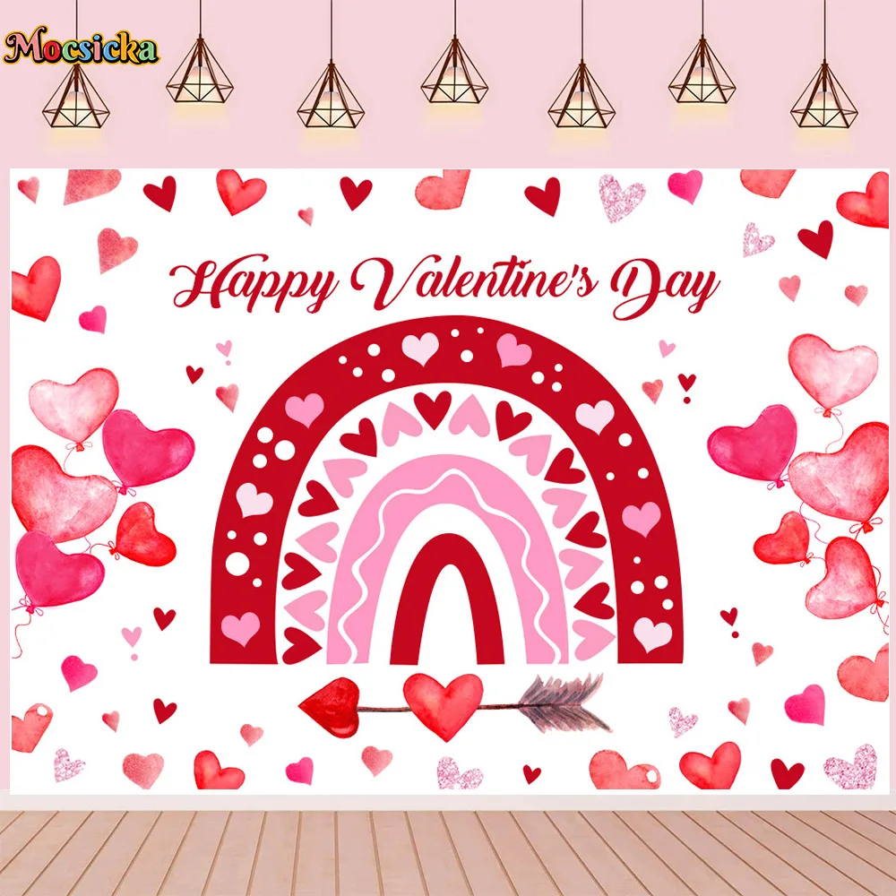 Fondo rosa de ensueño para el Día de San Valentín, decoración de globos de amor de arcoíris, papel tapiz de fondo brillante, fotomatón para Festival de amantes