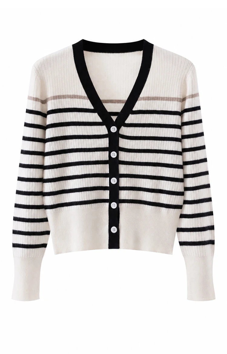 MZ62028 Damen Vintage Gestreifter V-Ausschnitt Gerippter Strick Langarm-Cardigan mit Kontrastbesatz Knopfleiste Modal-Mischung Frühherbst-Pullover – Detail 13