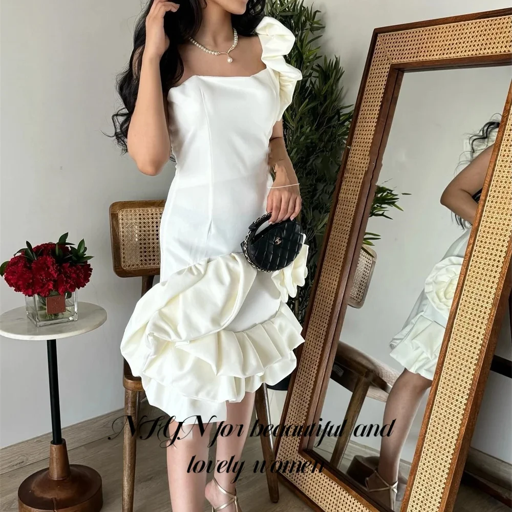 

NFYN White Elegant One Shoulder Formal Gown Satin Backless Prom Dress 3D-Flowers Knee-Length Evening Dress for Woman Customized