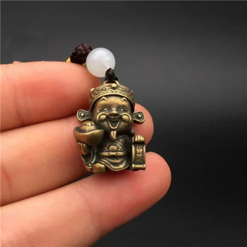 Vintage solid brass micro-carved of small , pocket God of Wealth ornament, keychain, copper pendant
