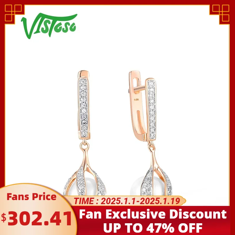 

VISTOSO Real 14K 585 Rose Gold Earrings For Women Fresh Water White Pear Sparkling Diamonds Dangling Party Elegant Fine Jewelry