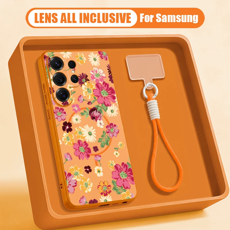 Colorful Flowers Print Magnetic Lanyard Phone Case For Samsung Galaxy S26 S25 Ultra S24 S23 FE A57 A17 A56 A37 A16 A36 A26 Cover