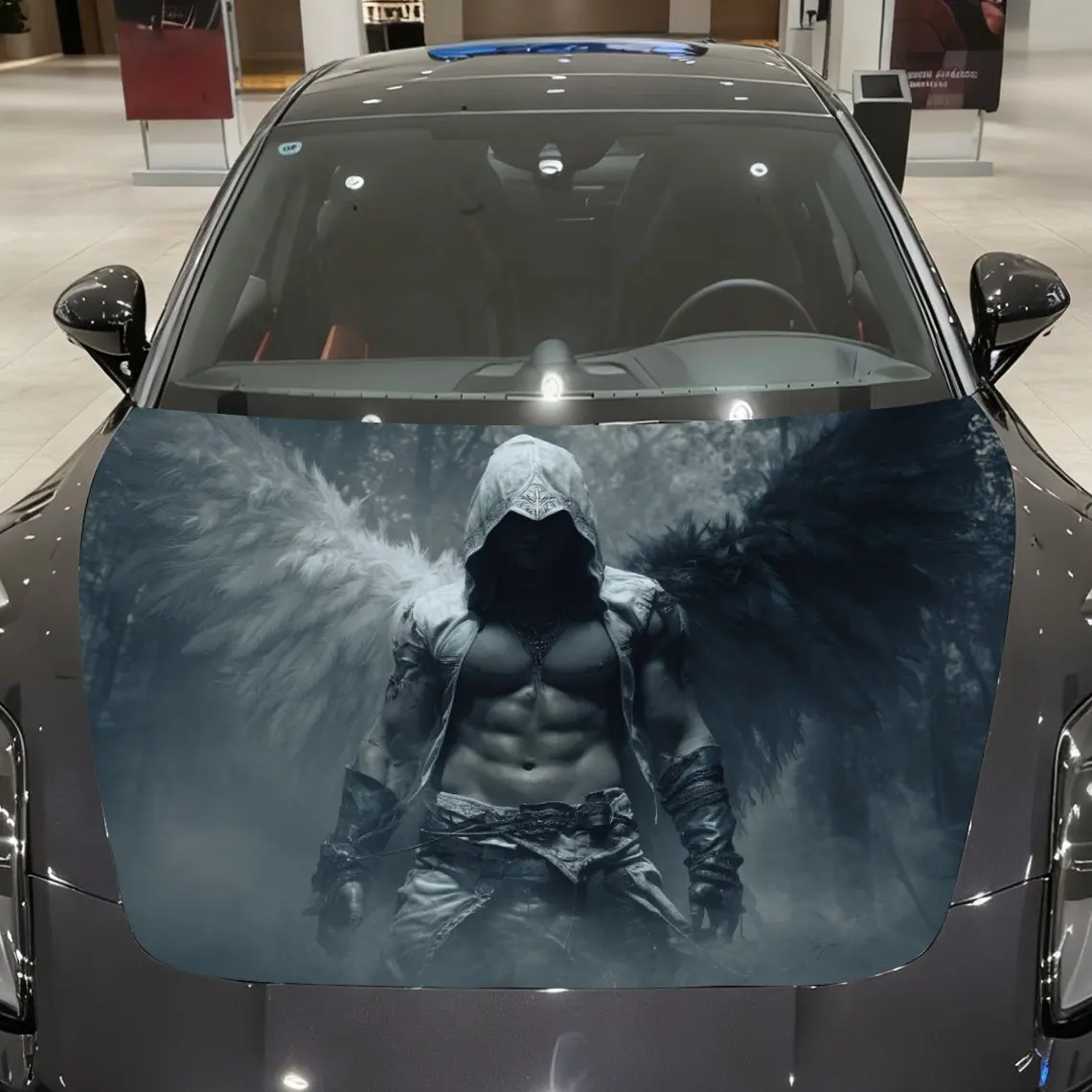 

Black - Winged Warrior in Misty Forest Car Vinyl Wrap, PVC Material Waterproof Car Hood Sticker, Self-Adhesive Scratch-Resistant