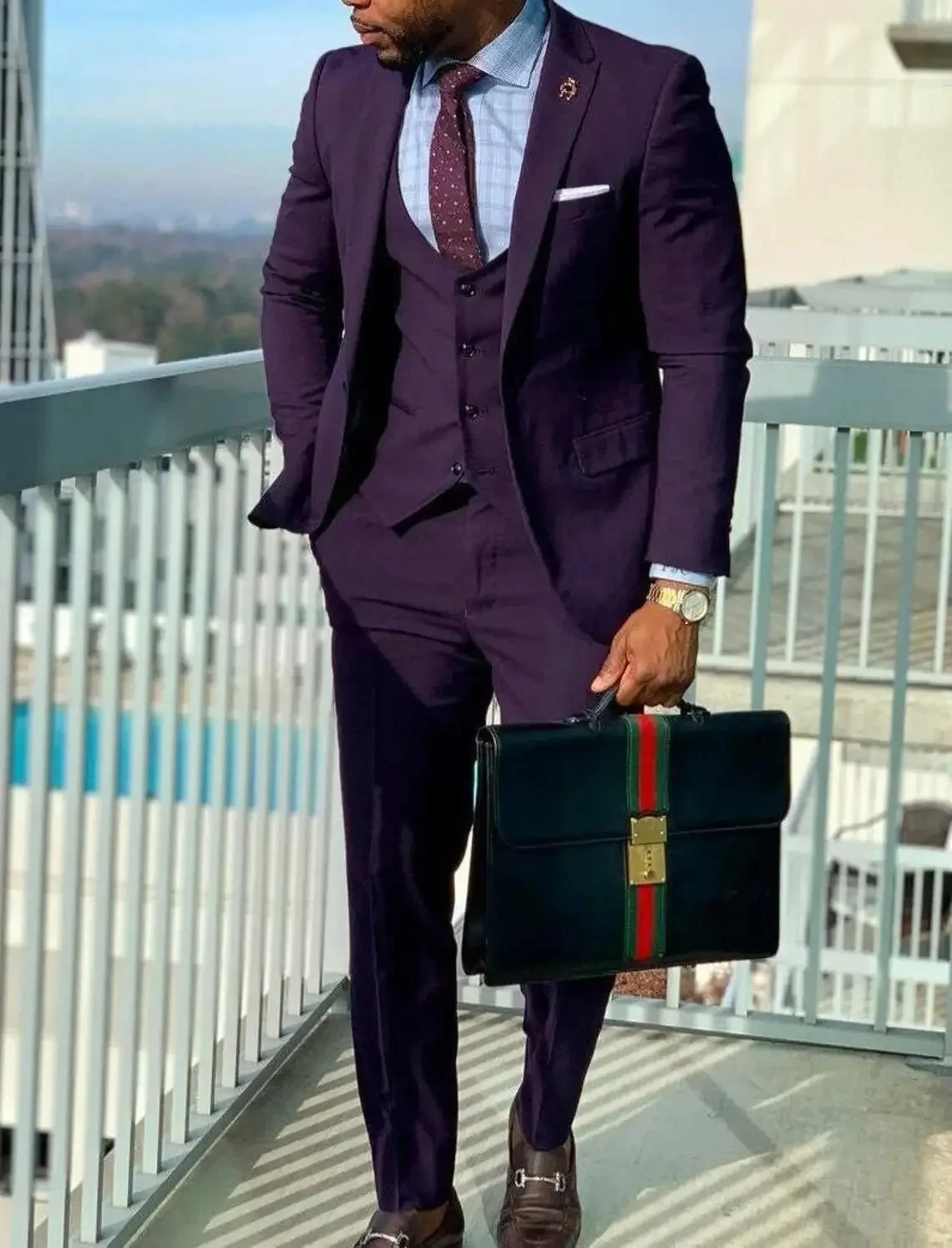 

Purple Men Suits Slim Fit 3 Piece Single Breasted Peaked Lapel Elegant Male Clothing Business Groom Formal Jacket Pants Vest