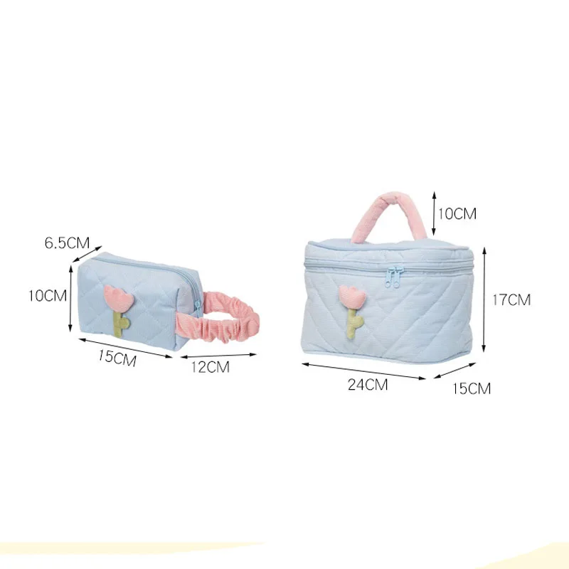 Poudres de fleurs de tulipe pour femmes, sac cosmétique de voyage Ins, trousses de toilette à fermeture éclair en velours côtelé, boîte de rangement portable, trousse de maquillage, grande capacité