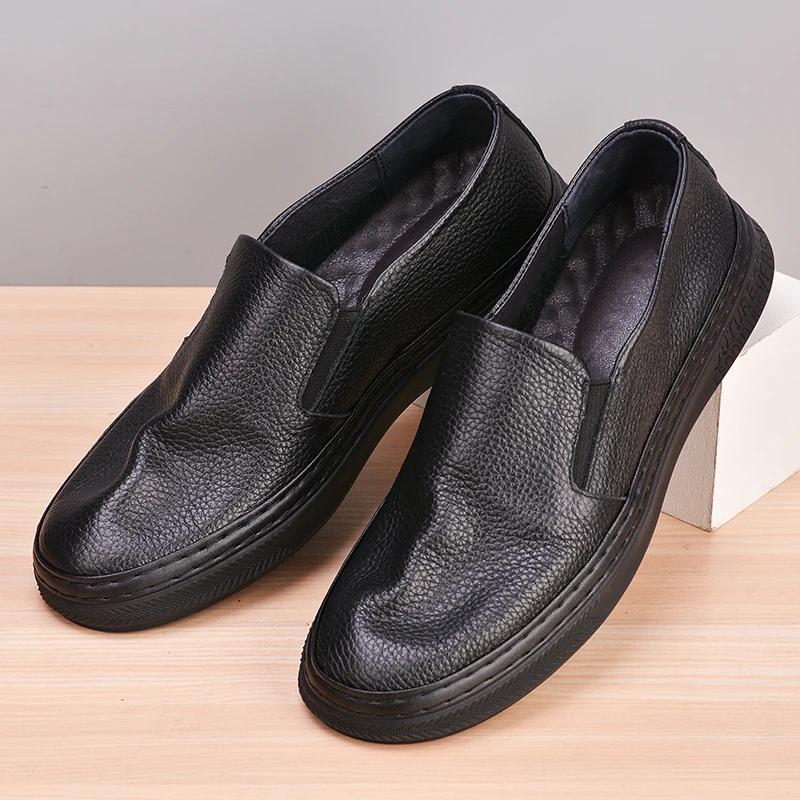 British Style Men\'s Genuine Leather Shoes Breathable Casual Sewing Loafers Handmade Comfortable Designer Flats Black M2669