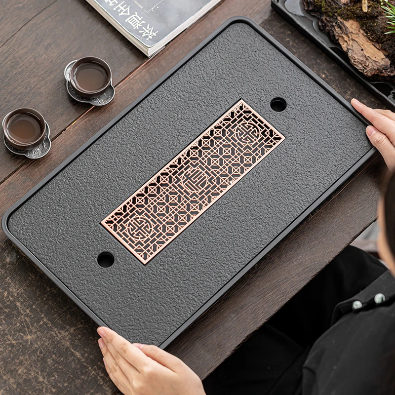 

High-End Imitation Bla Gold Stone Tea Tray Home Use Tea Table Drainage Tray Tea Tray Tea Set 2025 New Tea Sea Set Dry Foam