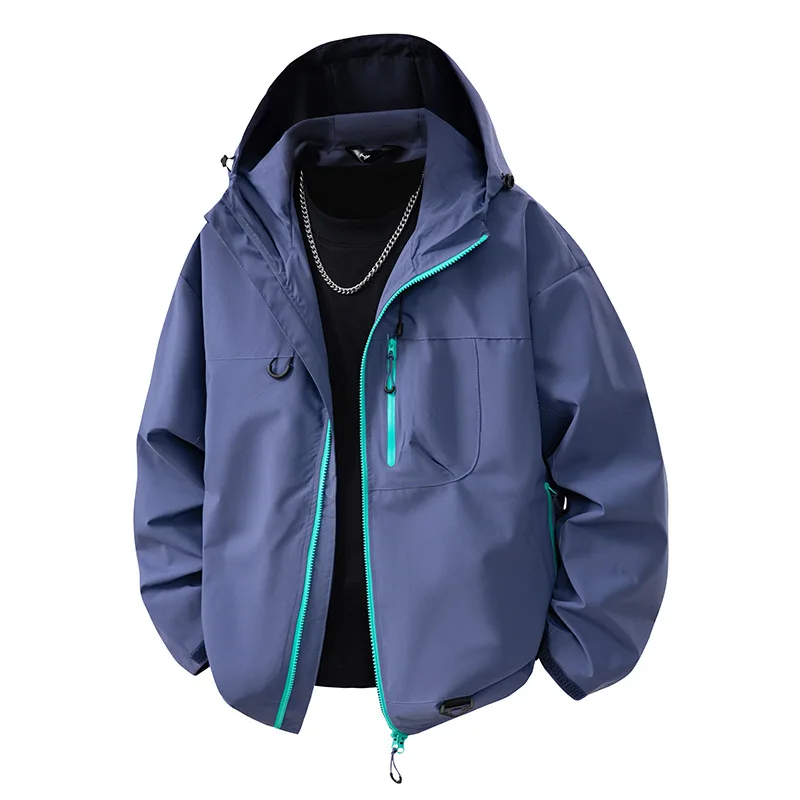 Men Hooded Outdoor Jacket Windproof Waterproof Casual Loose Outerwear Multi Pocket Zip Coat