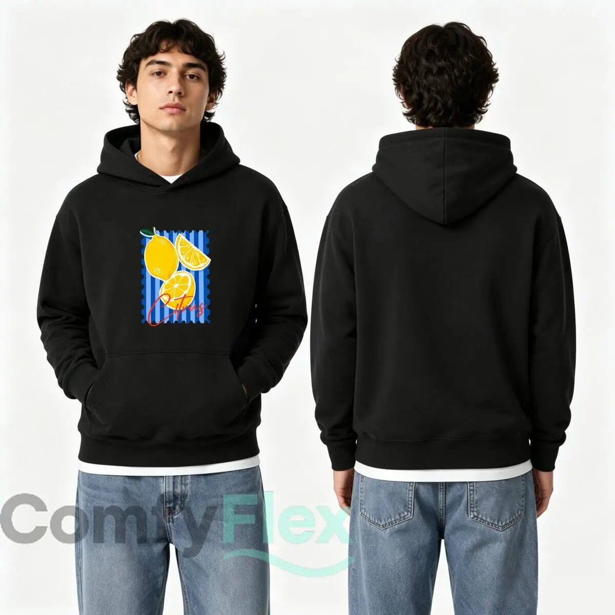 Citrus Lemon Orange Slice Blue Striped Stamp Graphic new men's and women's hooded sweatshirts