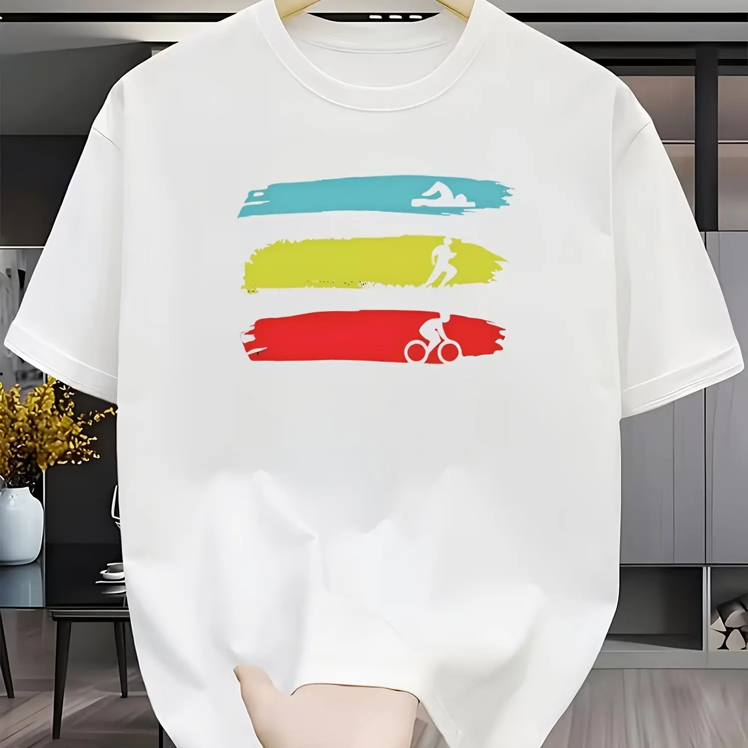 Multicolor Brush Stroke Triathlon Swim Bike Run Print T Shirt Men Women Casual O Neck Short Sleeve T-Shirt Fashion Tops Tees
