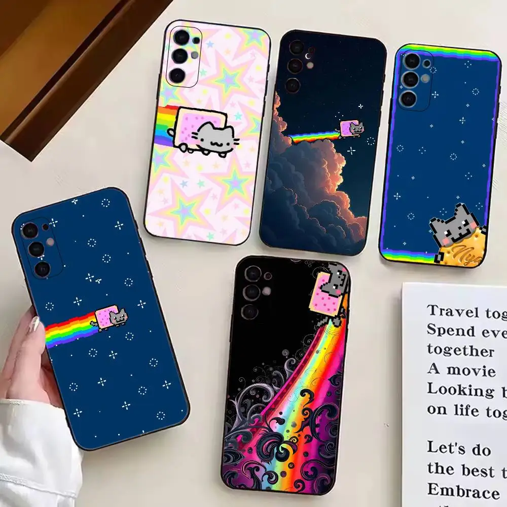 Cute N-Nyan Cat Phone Case For Samsung S25,S24,S21,S22,S23,S30,Ultra,S20,Plus,Fe,Soft Silicone Black Cover