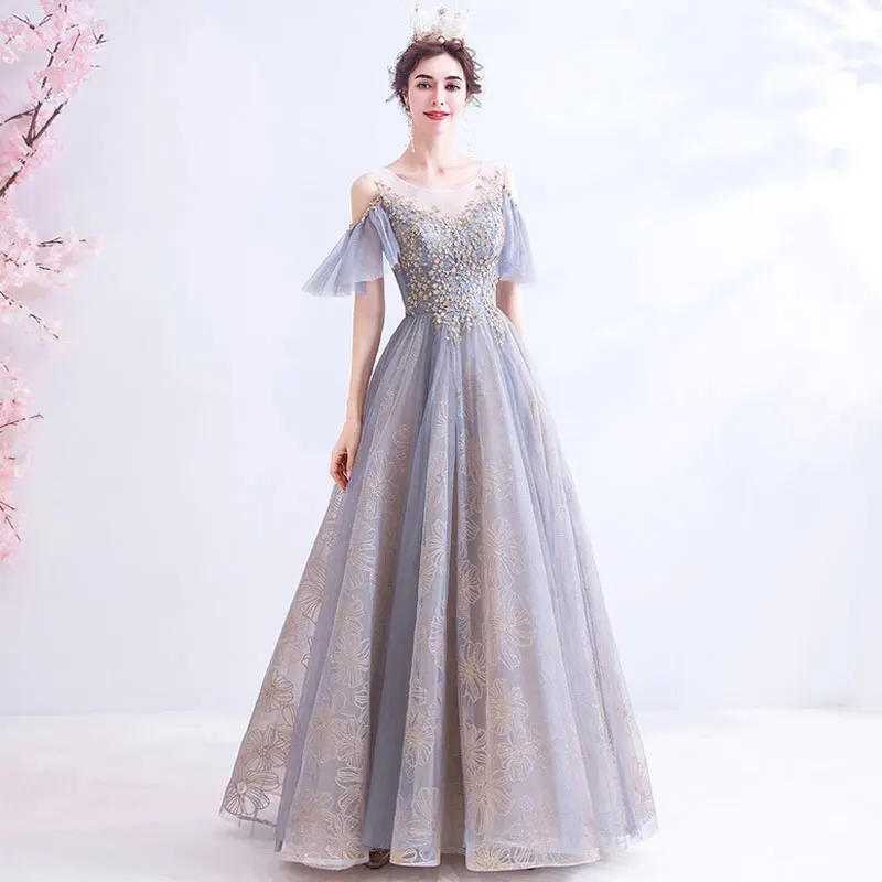 Women Wedding Guest Elegant Dress Young Ladies Sequin Tulle Dress Cold Shoulder Long Prom Dress Evening Party Ball Gown Banquet