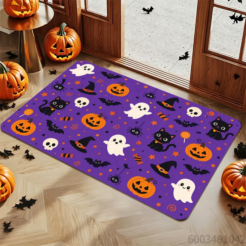 Fun Cartoon Halloween Entrance Rug, Purple Base Pumpkin Bat Ghost Spider Pattern Non‑slip Indoor Doormat