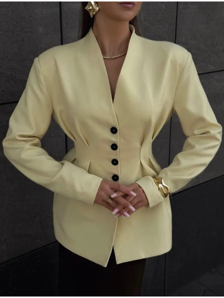 

Onecozyday женский винтажный однобортный пиджак с длинными рукавами и v-образным вырезом, однотонный элегантный пригородный пиджак