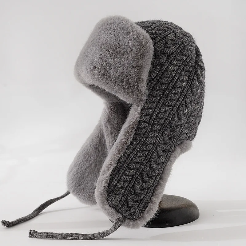 New Woollen hat Feng hat ladies winter all-purpose plush thickened thermal protection ear cap lanyard design the Cold Baotou hat