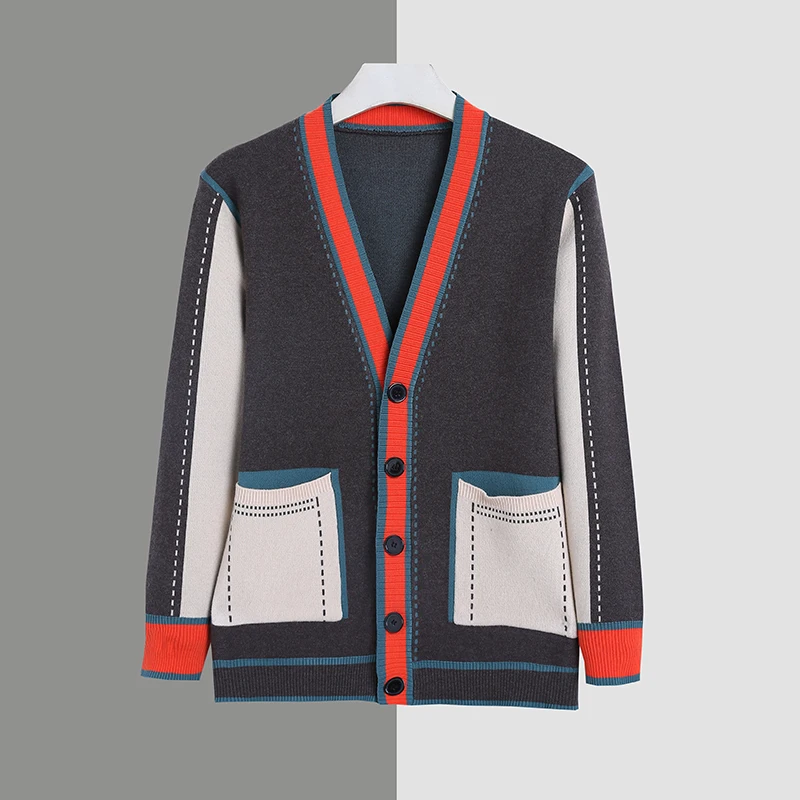 

Hot Selling Luxury Quality Men's Knitted Cardigan V-Neck Contrasting Color Placket Pocket Coat Autumn Winter Versatile Menswear