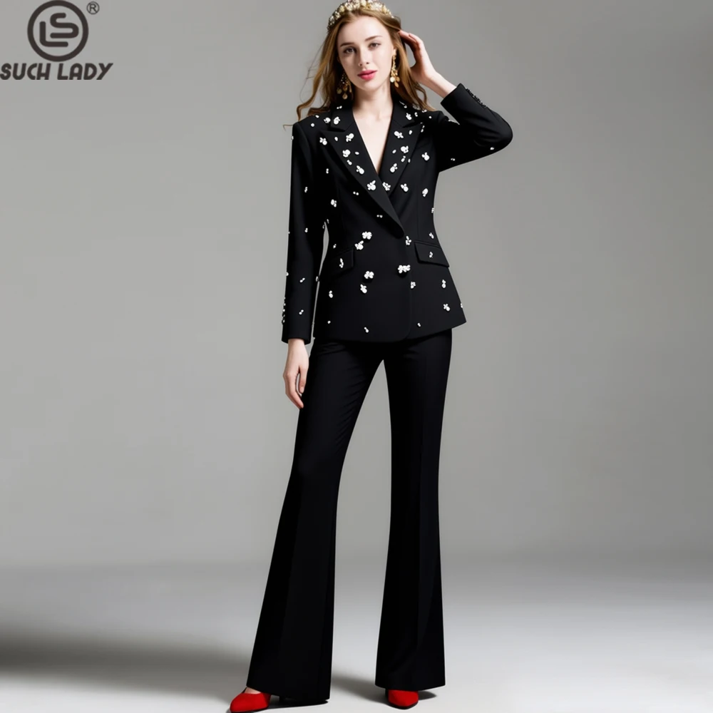 Women's Black Rhinestone Embellished Blazer Set, Double-breasted Jacket & Flared Pants Two-piece Suit, Elegant Office Lady Style