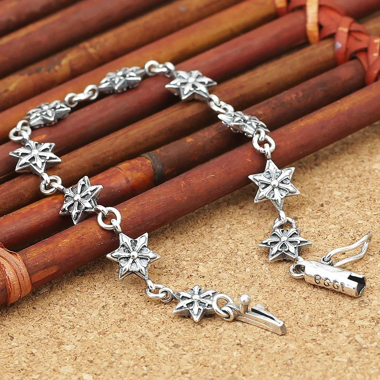 925 sterling silver men's and women's Thai silver cross flower bracelet, five pointed star sterling silver bracelet