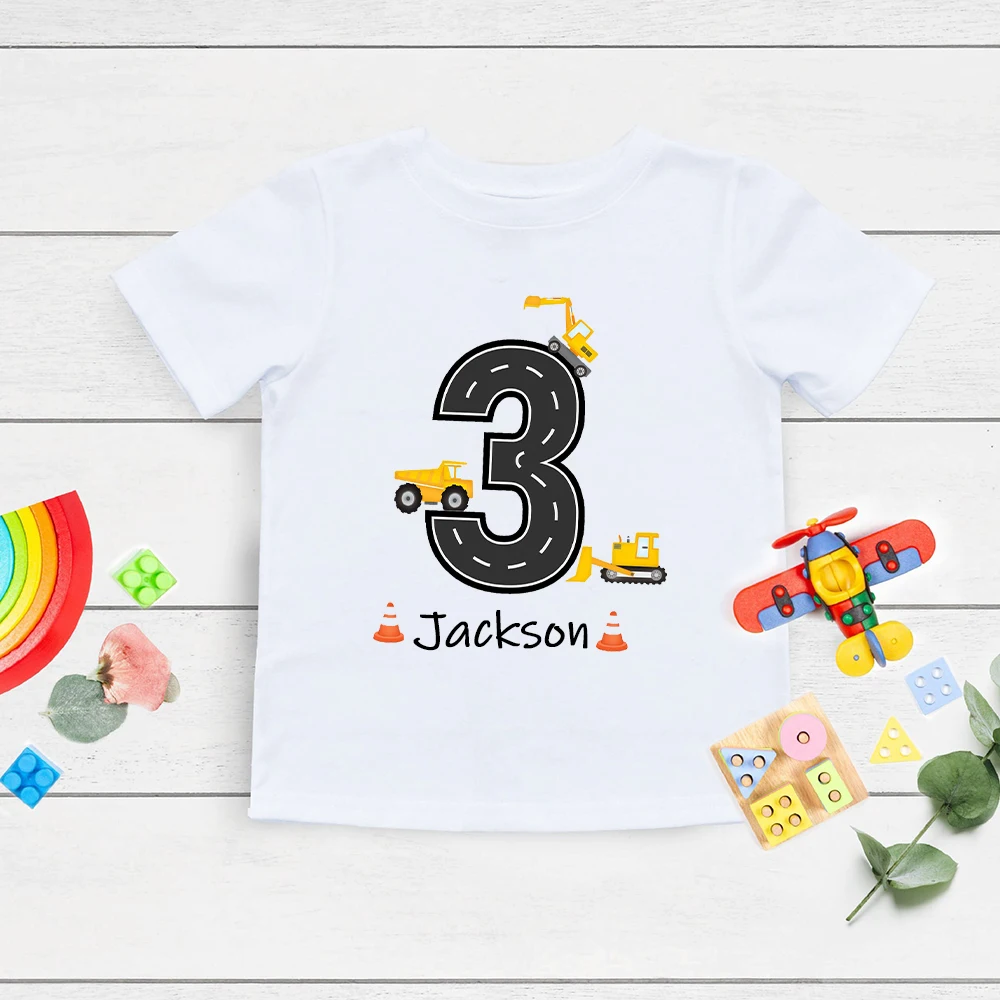 Camisa personalizada do aniversário da construção para crianças, roupa do menino, nome feito sob encomenda, t-shirt do veículo do miúdo, presente do partido