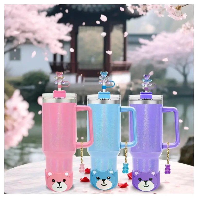 Silicone Cup Boot for  30&40oz Tumbler, Cute Straw Cover Bear Bottom Protector Suitable Cup Accessories，no cup (pink)