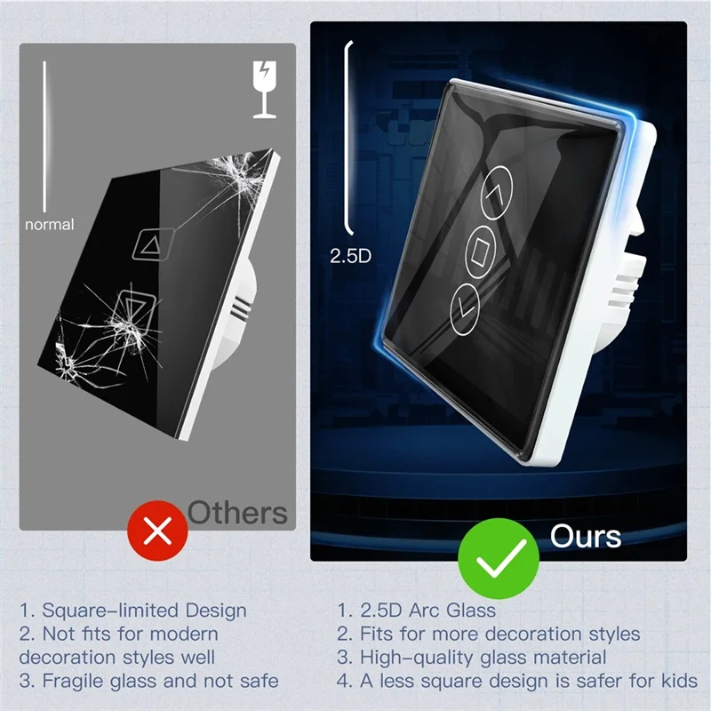 

AB15-Tuya Wifi RF433 2.5D Arc Curtain Switch Glass Touch Panel For Roller Blinds Shutters Switch Smart APP Wireless Alexa