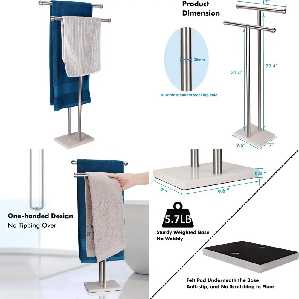 

Double T-Shape Tall Standing Towel Rack with 2 Tiers and Marble Base in Brushed Nickel Stainless Steel