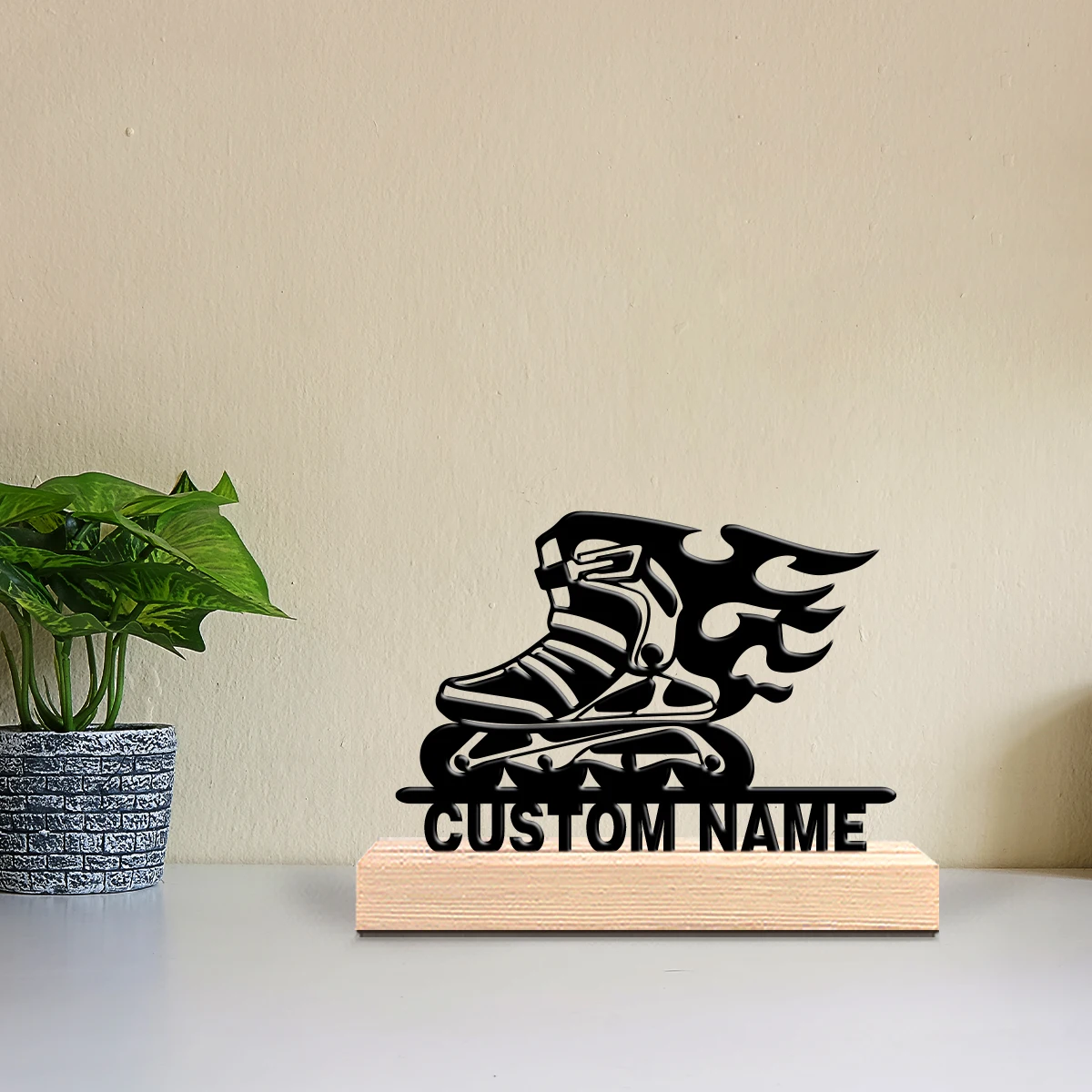 1pc Minimalist roller skates Customized Text Metal Statue Tin Ornament Tin Sculpture With Wood Base Art Crafts With Wood Base