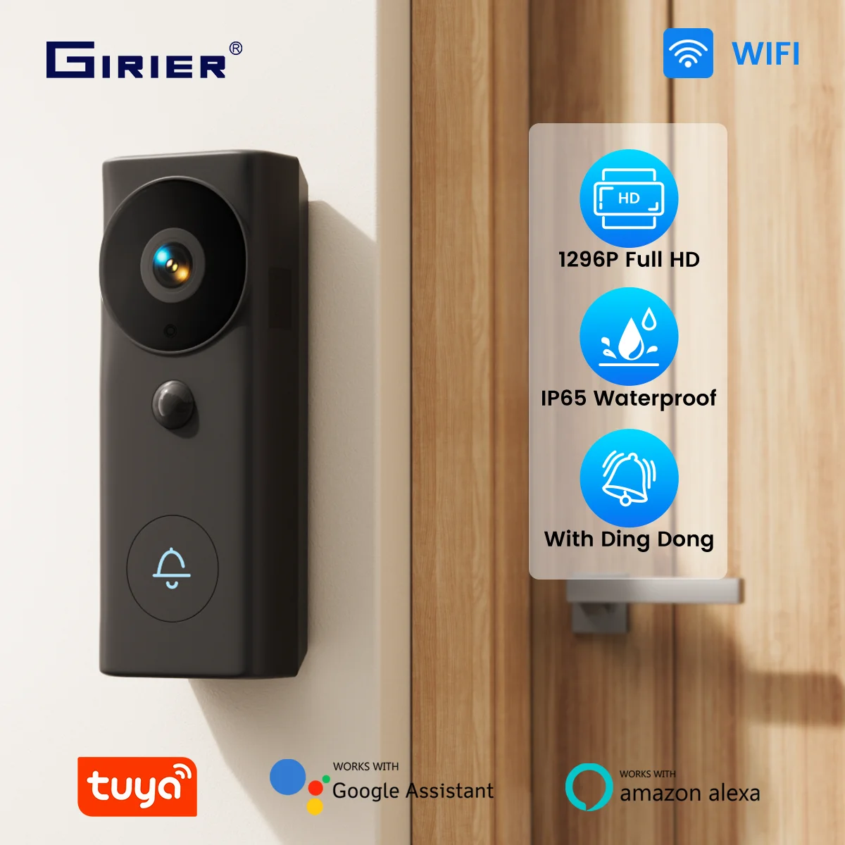 

GIRIER Tuya Smart Security Video Doorbell 3MP WiFi Doorbell Camera with Chime, Battery Powered Supports 2-way Audio Night Vision