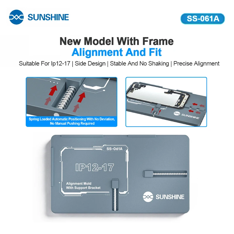 

Форма для ламинирования SUNSHINE SS-061A для iPhone серий 12-17 с автоматическим пружинным позиционированием и утолщенной резиновой подушкой