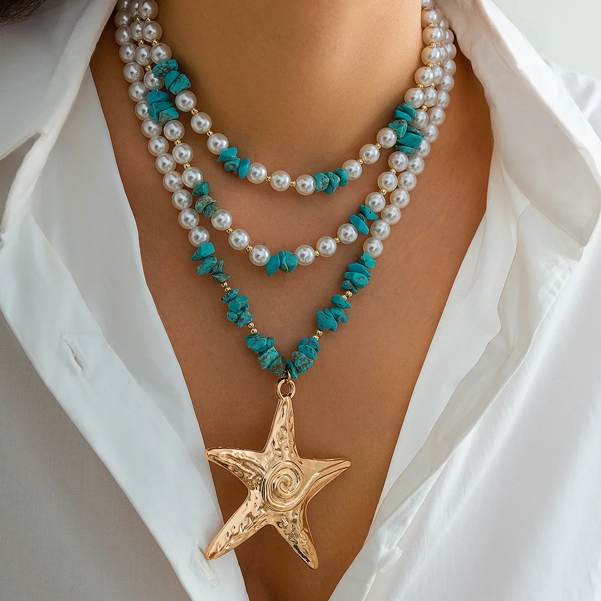 Starfish Layered Necklace Lava Textured Chip Beads Gold Alloy Chunky Lightweight Durable Beach Vacation Jewelry Women
