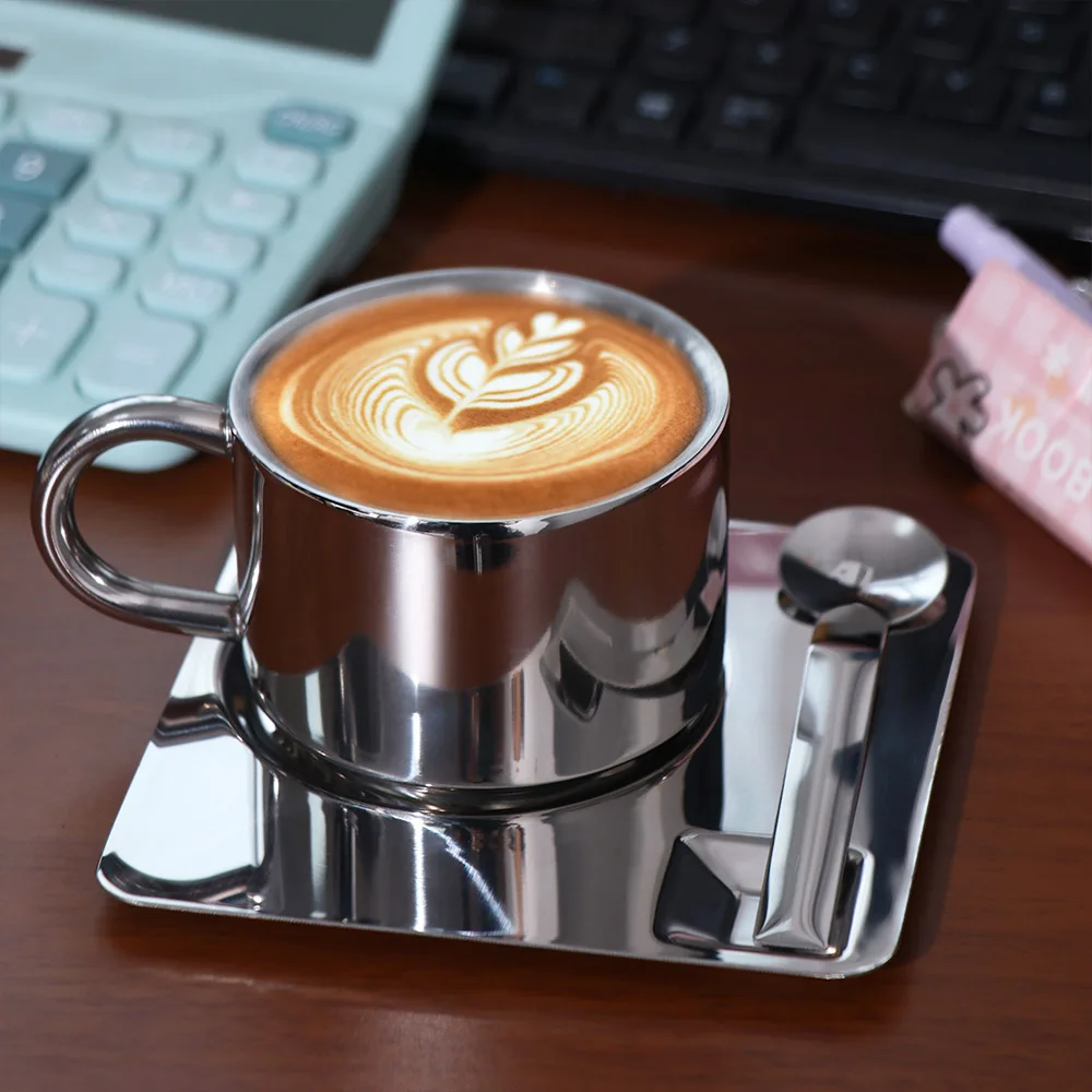 304 Stainless Steel Coffee Cup Set Heat Resistant Minimalist Coffee Mug with Spoon Drop-resistant Tea Cup Set Cafe