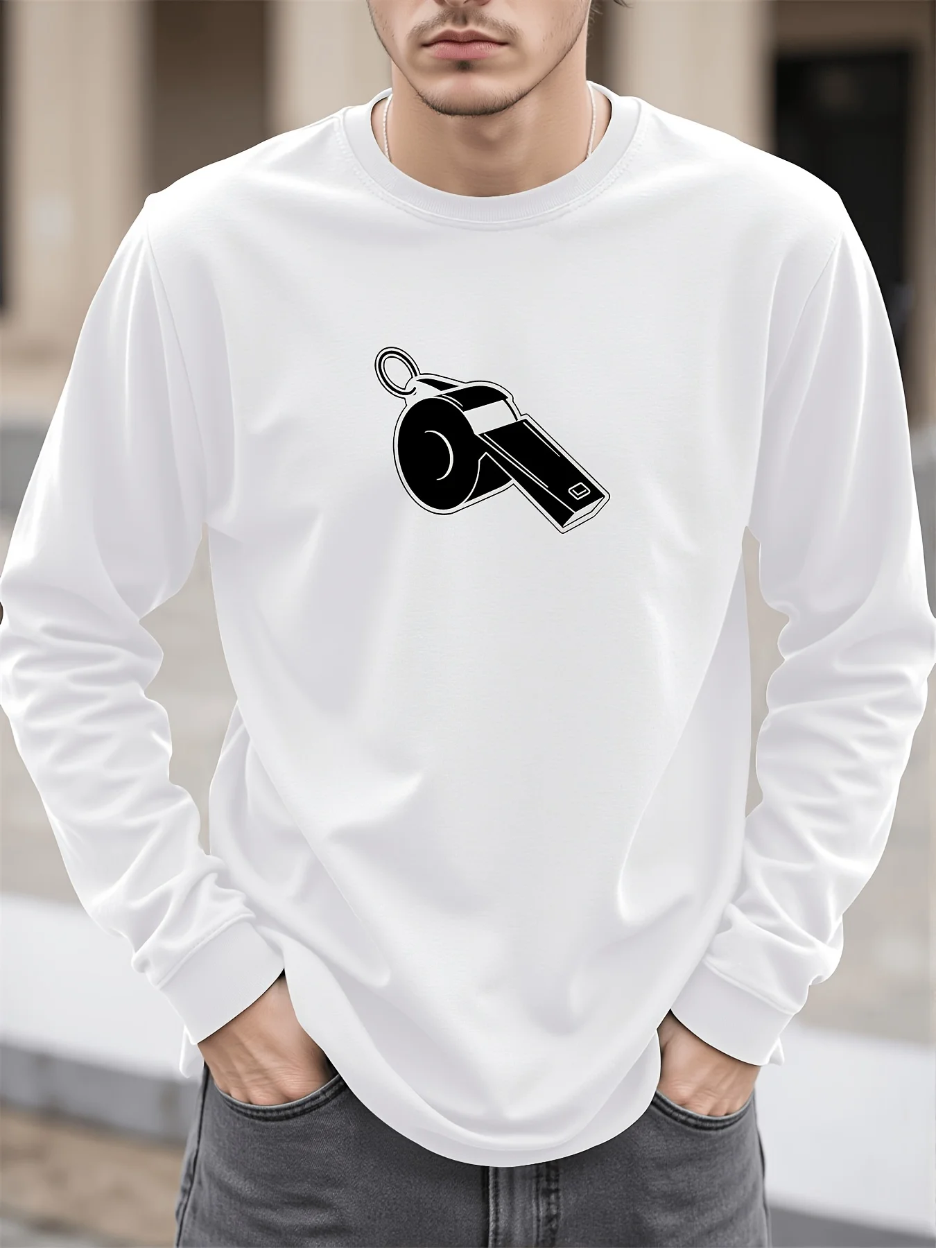 Men'S White Long Sleeve T-Shirt Crew Neck - 100% Graphic Tee with Referee Whistle Design, Soft Breathable Casual Top for Campus Urban Style, Minimalist Streetwear Gift for Dad Boyfriend Friends