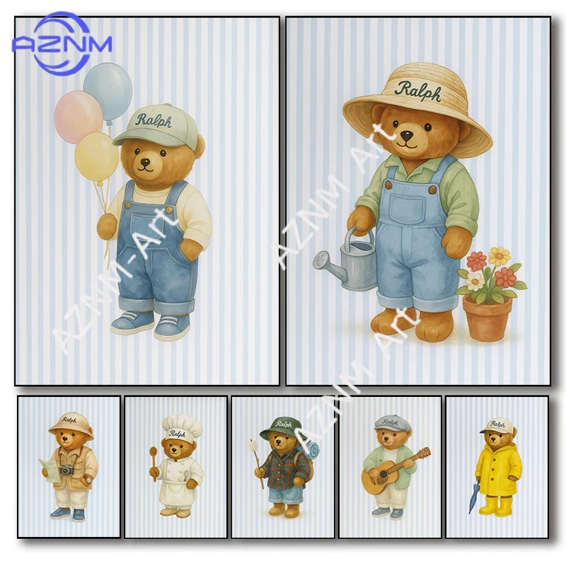 Funny Cartoon Bear Creativity Different Occupations Disguise Painter Poster Canvas Painting Wall Art Picture Children Home Decor