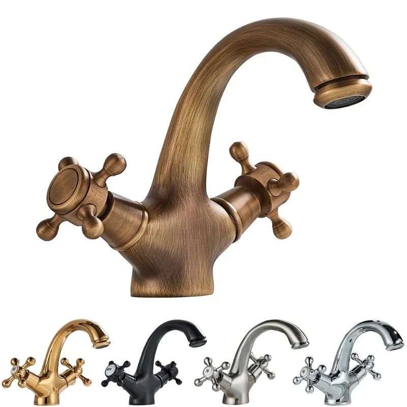 

European style all copper gold faucet, antique basin faucet, bathroom hand washing, hot and cold washbasin