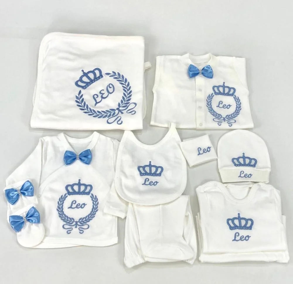 10 pezzi blu tessuto di cotone 100% lavorato a maglia all'ingrosso personalizzato neonato nuovo design vestiti invernali abbigliamento set pagliaccetto per bambini di lusso