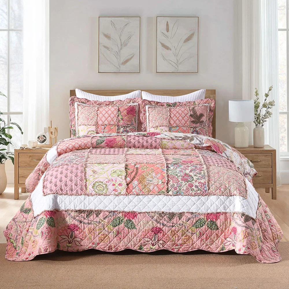 New Patchwork 100% Cotton Quilt Set - 3 Piece- Lightweight Country Style Comforter Cover, All Season Soft Bedspread Coverlet