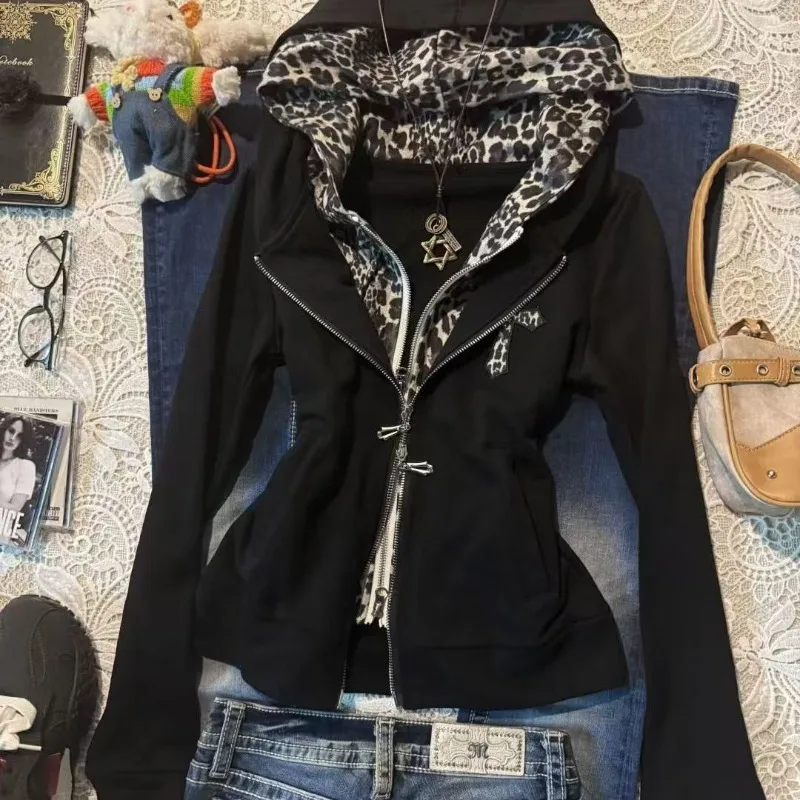 

Autumn Spring Women's Wear Hooded Sweatshirt Outerwear Zip-up Subculture Y2K Leopard Print Patchwork Arrivals Trendy Fashionable
