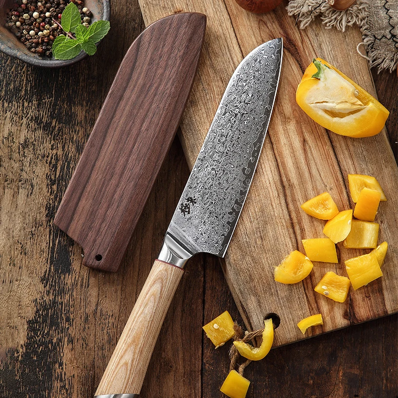 

7 Inch Santoku Knife With Wood Cover 67 Layers Damascus Steel Blade Chef Cleaver Slicing Japanese Kitchen Knife Cooking Tools