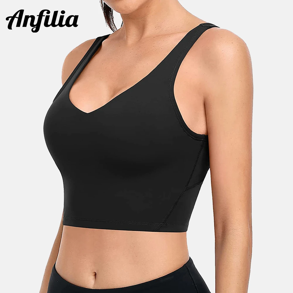 Anfilia Women's Workout Crop Tank Top Sleeveless Vest Longline Sports Bra Medium Support Yoga Fitness