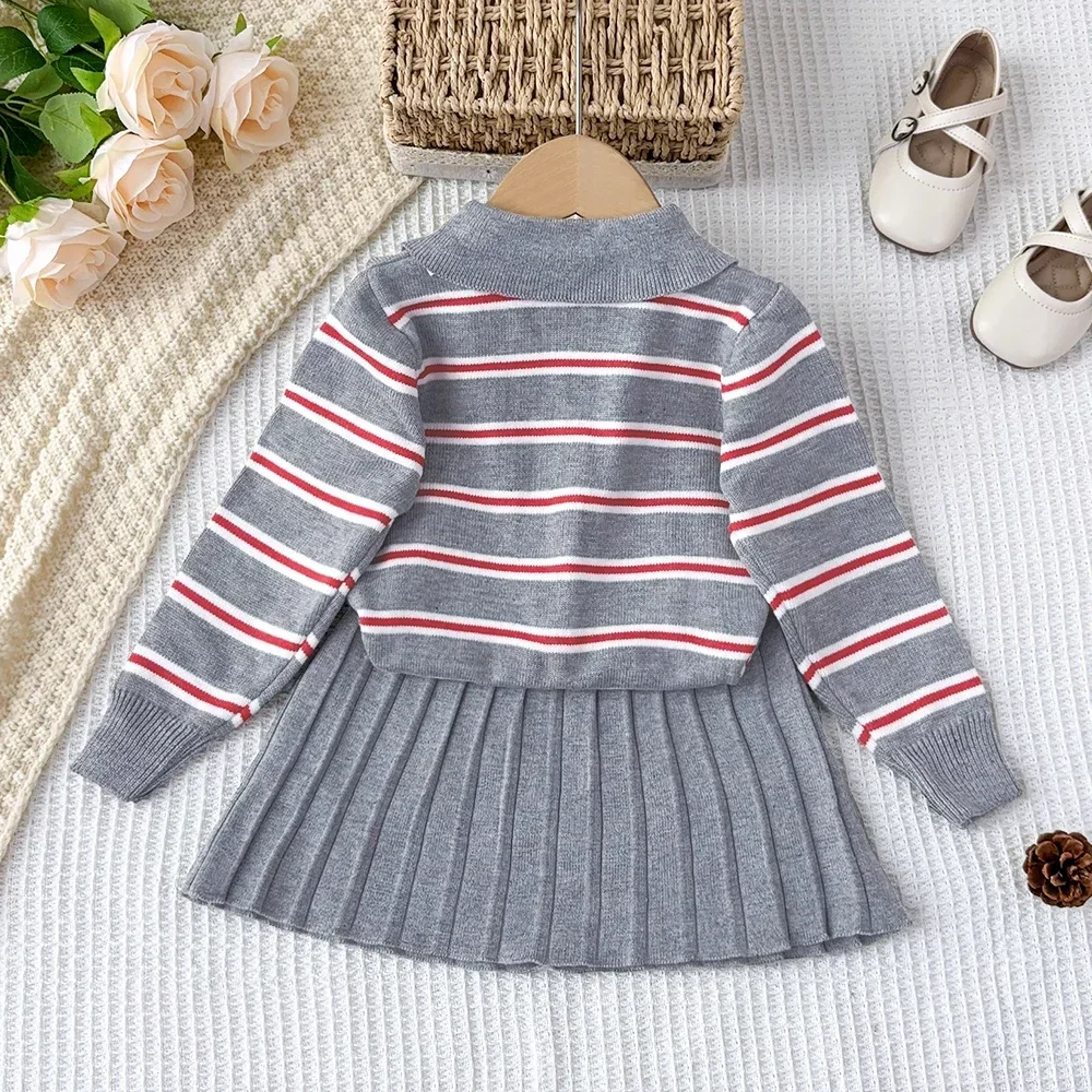 Bear Leader Kids Clothes Striped College Style Winter Long Sleeved Embroidered Rabbit Top+pleated Skirt 2-piece Sets