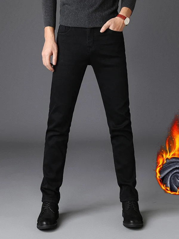

Черные джинсы с флисовой подкладкой, облегающие, мужские, осенне-зимние, устойчивые к выцветанию, повседневные, длинные, эластичные, удобные, с множеством карманов