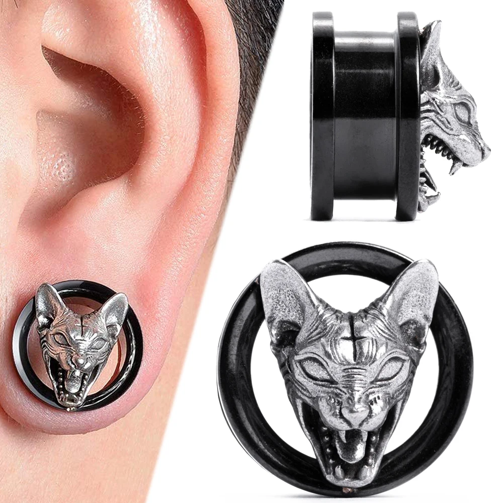 1PC 316L Stainless Steel Bobcat Ear Gauges Tunnels Expander All Seeing Eye Black For Men For Women Body Piercing Jewelry