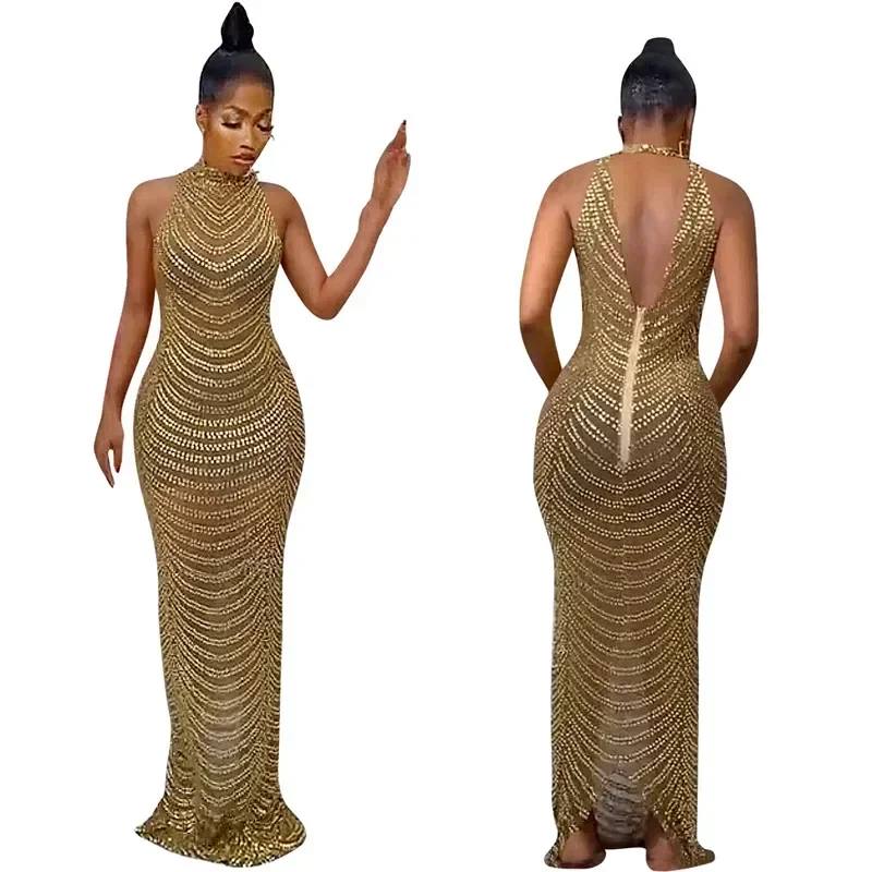GUWU femme Sexy voir à travers maille étincelle clouté diamant robe moulante évider dos nu fête Club robe Maxi