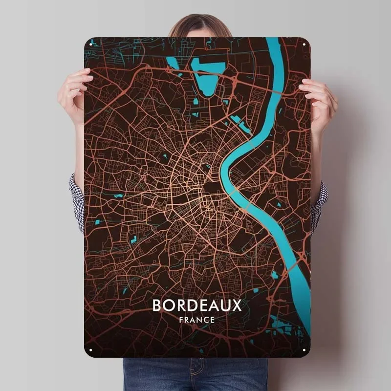 Bordeaux City Map Tinplate Sign Wall Art Decor Gaming Room Decoration Retro Metal Sign for Bar Coffee Bar Wall Decoration Home