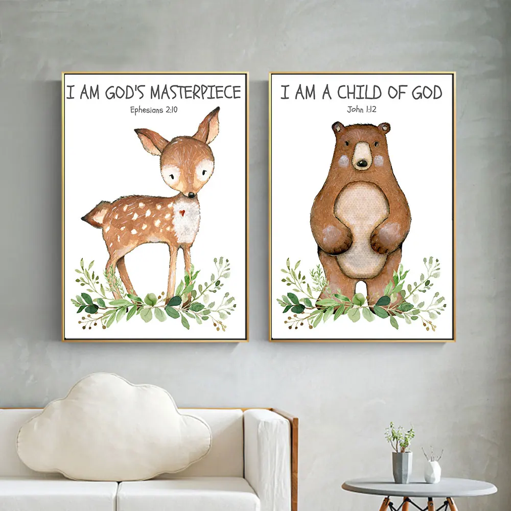 Christian Nursery Wall Art Canvas Painting Nordic Posters Kids Bible Verse Prints Woodland Animals Bear Elk Pictures Room Decor