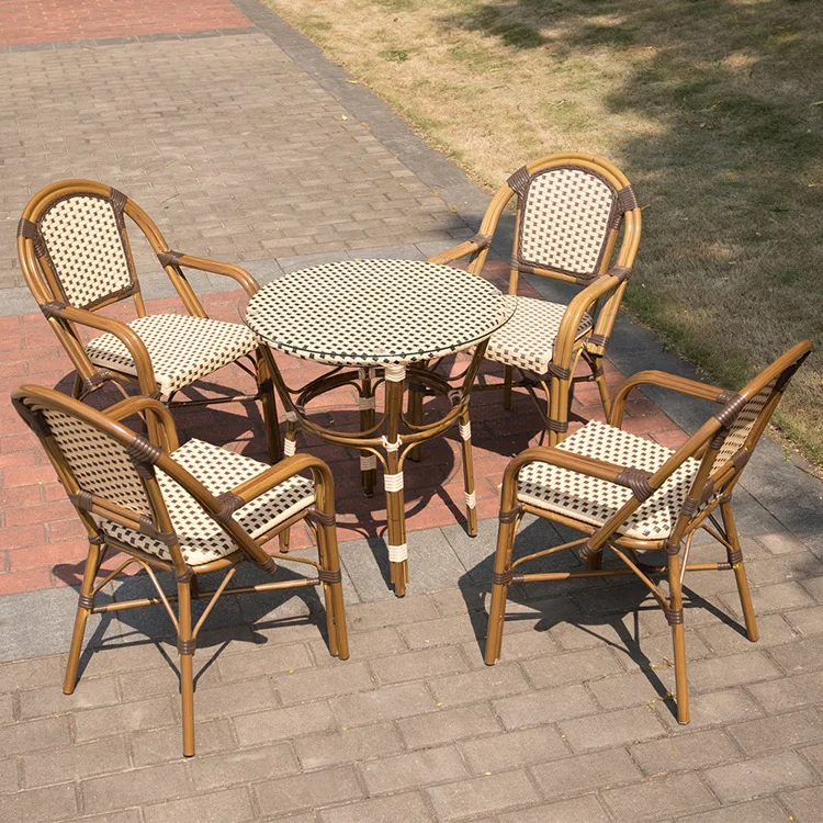 Wholesale Outdoor Patio Garden Aluminum Bamboo Frame PE Rattan Table and Chairs French Cafe Bistro Restaurant Furniture