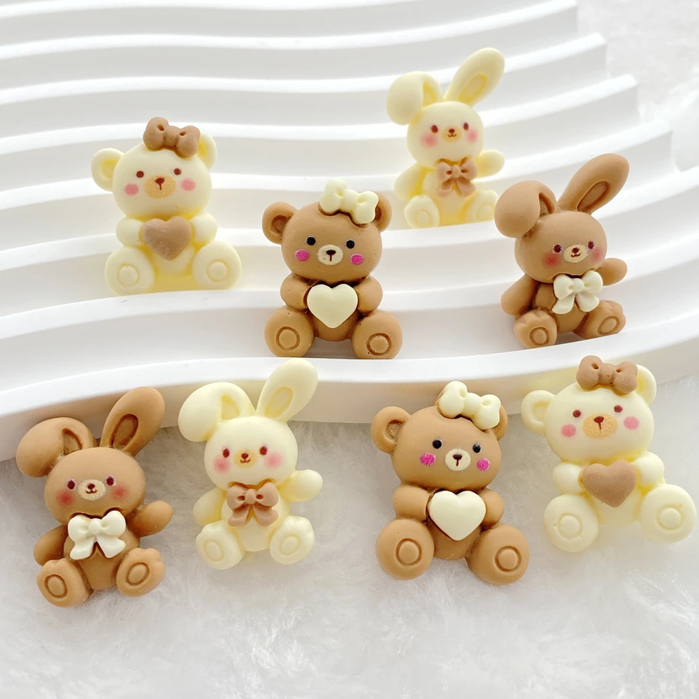 10pcs Resin Cute cartoon brown love bear, bow rabbit Flatback Rhinestone Figurines DIY Wedding Scrapbook Decor Crafts