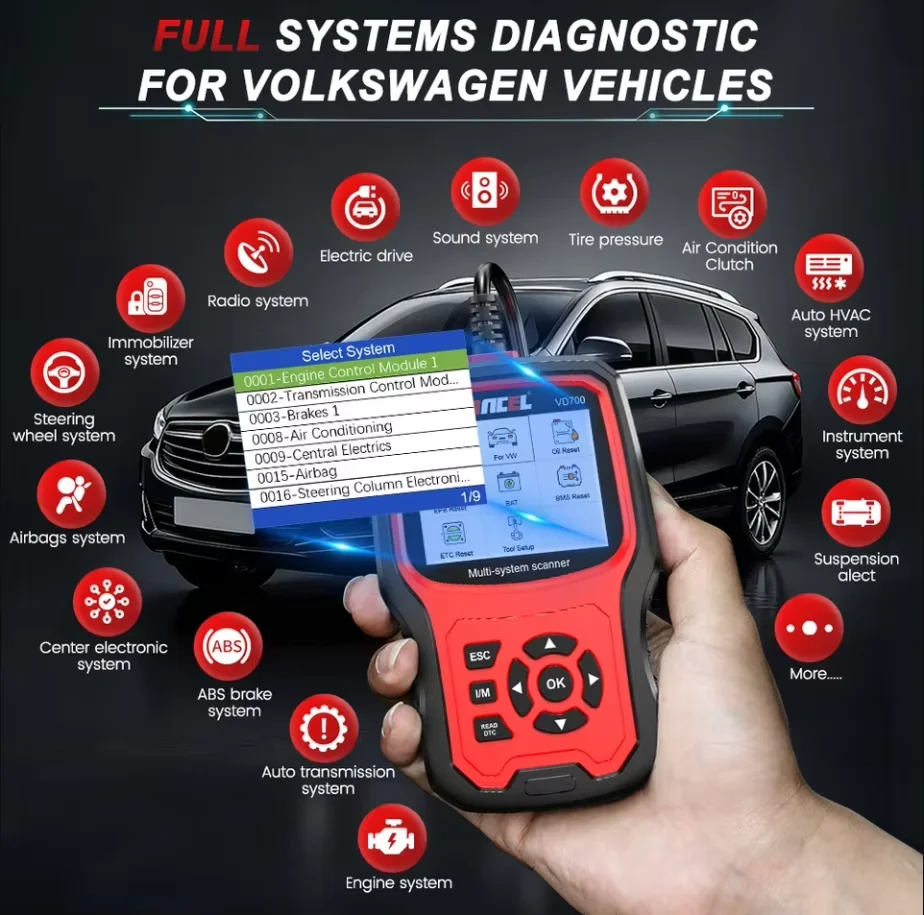 ANCEL VD700 OBD2 Scanner für VW, Audi, Seat, Skoda, Öl, EPB, ABS, SAS, TPMS, Vollsystem-Codeleser, Diagnose-Scan-Tool – Detail 2