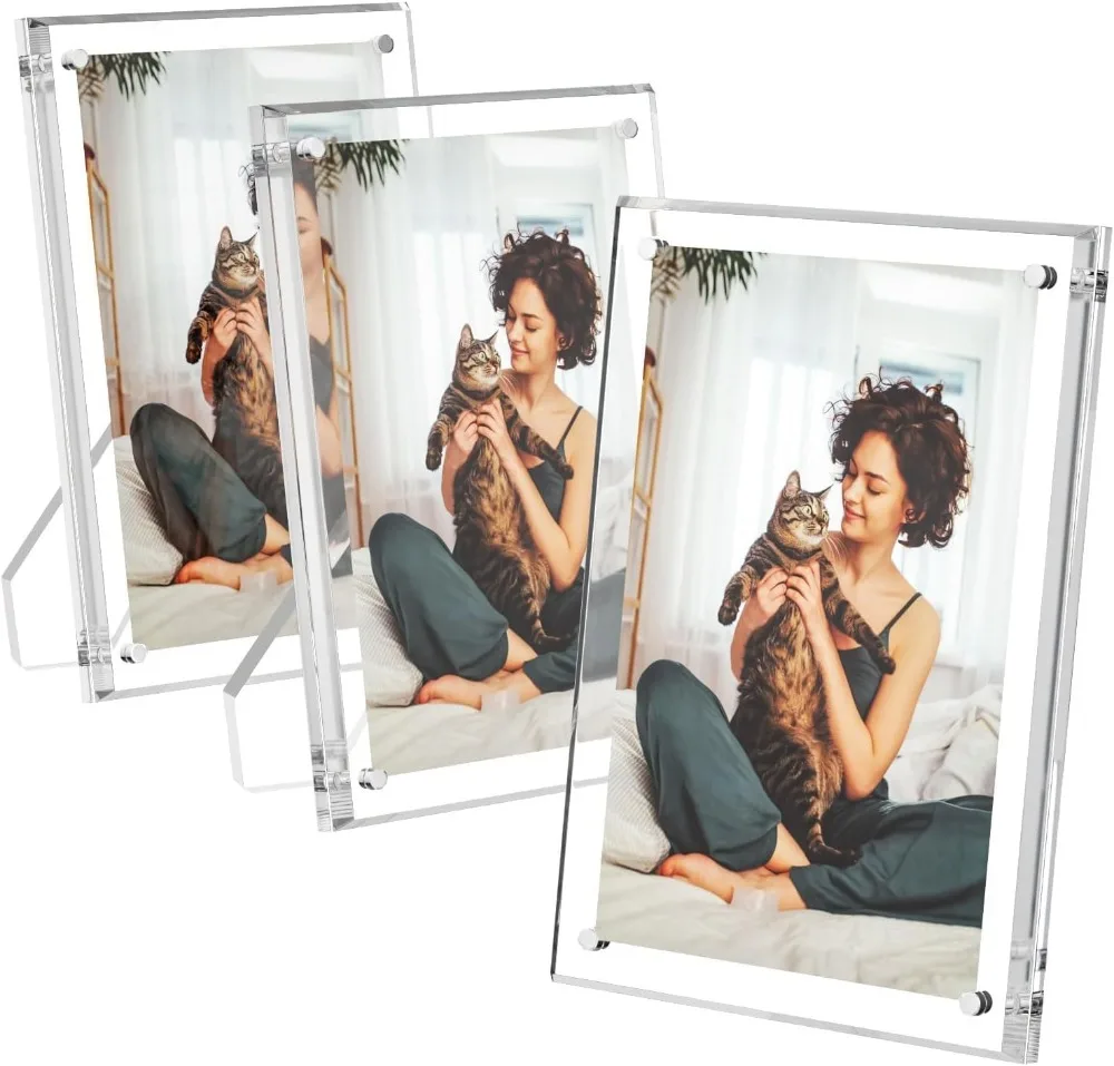 AITEE 5x7 Acrylic Picture Frames 3 Pack, Clear Picture Frames with Stand, Magnetic Frame Acrylic Lucite Frameless Transparent