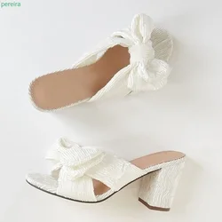 White Slip-on Pleated Bow Slippers Summer Women's Round Toe Low Thick Heel Sandals Fashion Sexy Simple Good Quality Shoes